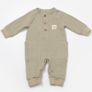 Λινή μακρυμάνικη φόρμα unisex σε μπεζ χρώμα | Nature Bebe - Image 2