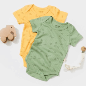 Σετ βρεφικά φορμάκια οργανικό βαμβάκι κοντομάνικα με μοτίβο φύλλα σε πράσινο και κίτρινο – Nature Bebe