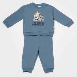 Βρεφικό σετ οργανικό βαμβάκι 2 τεμαχίων μπλε – μπλούζα puzzle και παντελόνι