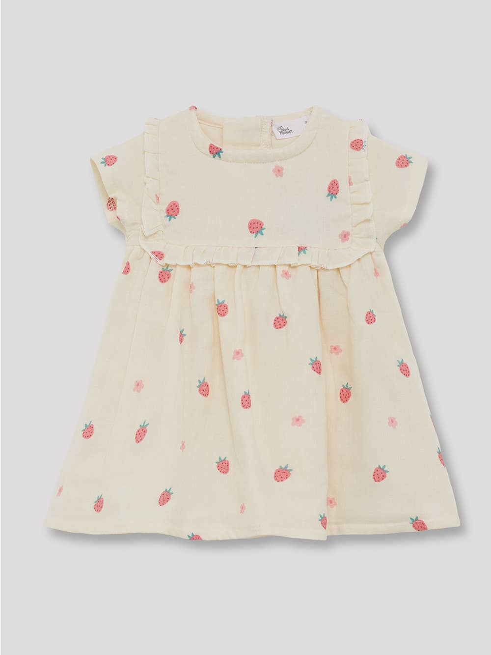 Γλυκό και παιχνιδιάρικο παιδικό φορεματάκι σε παστέλ κίτρινη απόχρωση με χαριτωμένα σχέδια φραουλίτσες. Ιδανικό για καλοκαιρινές εμφανίσεις, συνδυάζει άνεση και στυλ για κάθε μικρή fashionista.