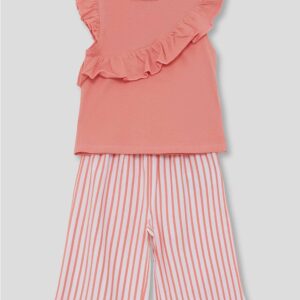 Κοράλι παιδικό σετ με αμάνικο μπλουζάκι και ριγέ παντελόνα, ιδανικό για δροσερές και άνετες καλοκαιρινές εμφανίσεις.