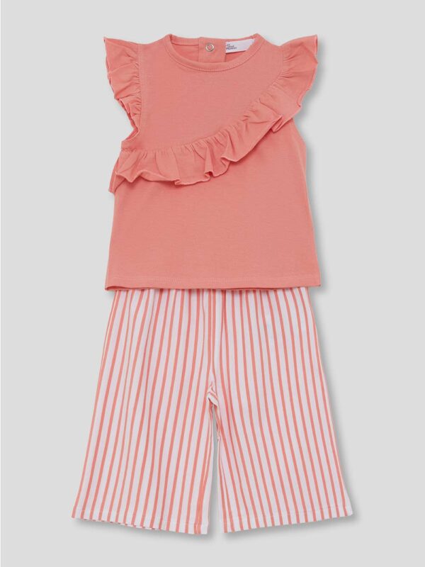 Κοράλι παιδικό σετ με αμάνικο μπλουζάκι και ριγέ παντελόνα, ιδανικό για δροσερές και άνετες καλοκαιρινές εμφανίσεις.