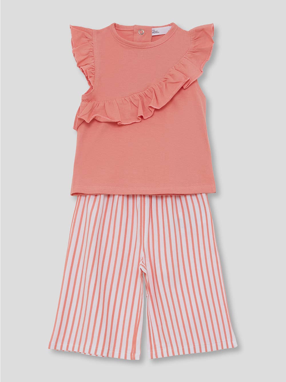 Κοράλι παιδικό σετ με αμάνικο μπλουζάκι και ριγέ παντελόνα, ιδανικό για δροσερές και άνετες καλοκαιρινές εμφανίσεις.